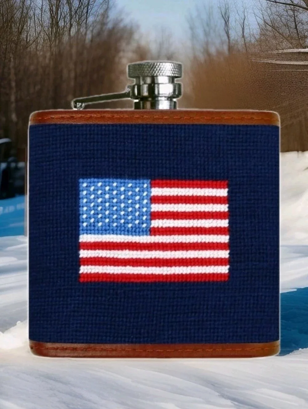 THE KRAFTSMAN CO. :AMERICAN FLAG: NEEDLEPOINT: STAINLESS STEEL: FLASK: 6 OZ: NEW